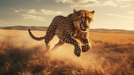 cheetah running through plains, sunrise, savannah - obrazy, fototapety, plakaty