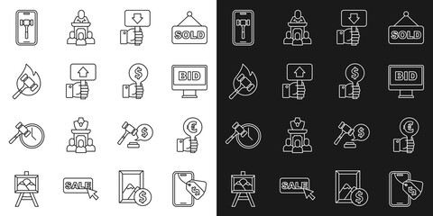 Set line Online auction, Hand holding paddle, Auction hammer, and icon. Vector