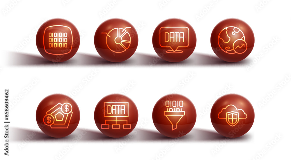 Poster set line binary code, financial growth, data analysis, pie chart infographic, cloud and shield and i