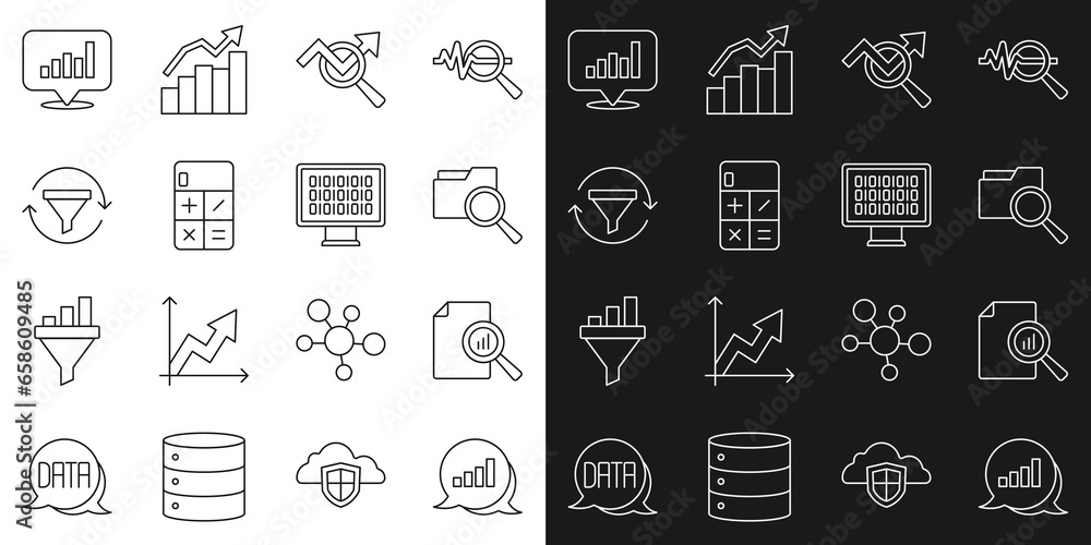 Poster set line pie chart infographic, document with, search folder, data analysis, calculator, sales funne