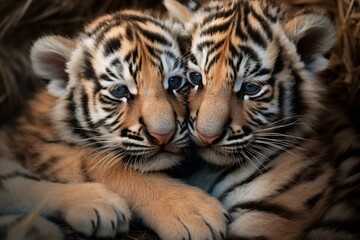 young tigers snuggle on plain surface. Generative AI