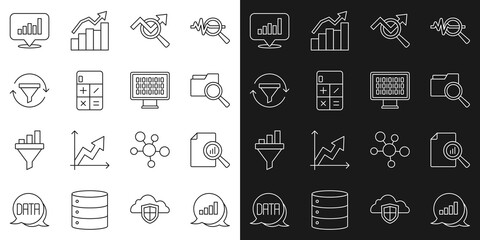 Set line Pie chart infographic, Document with, Search folder, data analysis, Calculator, Sales funnel, and Binary code icon. Vector