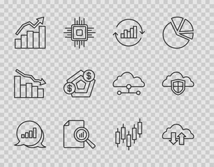 Set line Pie chart infographic, Cloud download and upload, Document with, Financial growth, Browser stocks market and shield icon. Vector