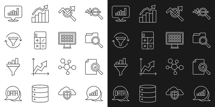 Set line Pie chart infographic, Document with, Search folder, data analysis, Calculator, Sales funnel, and Binary code icon. Vector