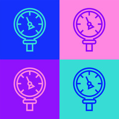Pop art line Pressure water meter icon isolated on color background. Vector