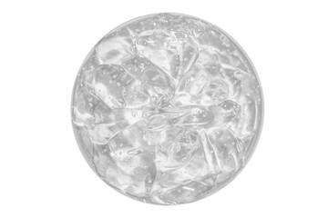 Transparent cosmetic gel in a round jar. View from above. On an empty background.