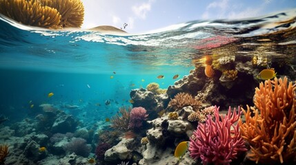 Naklejka na ściany i meble Coral reefs at risk: Pollution's impact on these vibrant ecosystems. 