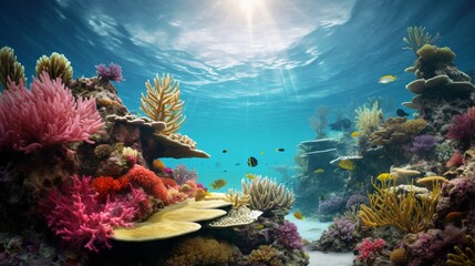 Naklejka na ściany i meble Coral reefs at risk: Pollution's impact on these vibrant ecosystems. 