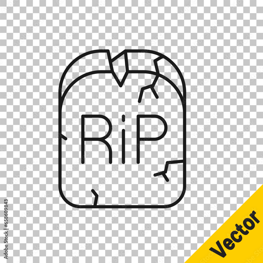 Sticker Black line Tombstone with RIP written on it icon isolated on transparent background. Grave icon. Happy Halloween party. Vector