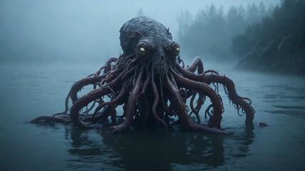 Emergence from the Abyss: A Terrifying Tentacled Creature Shrouded in Dense Lake Fog