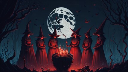 Witches' Sabbat: Under the Blood-Red Moon, a Dark Ritual in Moonlit Clearing - obrazy, fototapety, plakaty