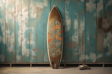 Old surfboard on wall - retro decoration concept. Generative AI - obrazy, fototapety, plakaty