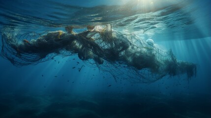 Obraz premium Ghost nets in the deep: How abandoned fishing gear harms marine life. 