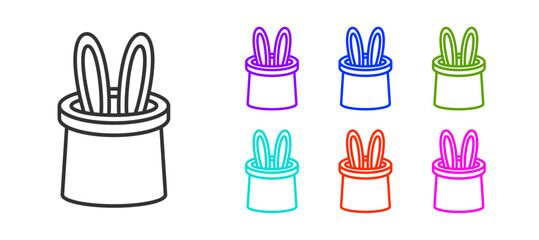 Black line Magician hat and rabbit ears icon isolated on white background. Magic trick. Mystery entertainment concept. Set icons colorful. Vector