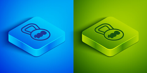 Isometric line Weight icon isolated on blue and green background. Kilogram weight block for weight lifting and scale. Mass symbol. Square button. Vector