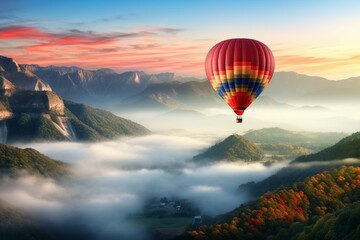 Scenic dawn hot air balloon flight over misty mountain valley. Perfect for travel posters or promoting ballooning tours. Generative AI