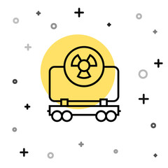 Black line Radioactive cargo train wagon icon isolated on white background. Freight car. Railroad transportation. Random dynamic shapes. Vector