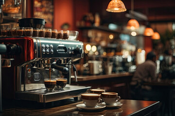Fototapeta na wymiar Stylish coffee machine in the focus of the camera in a crowded coffee shop.