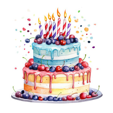 Colorful birthday cake with candles Illustration, Generative Ai