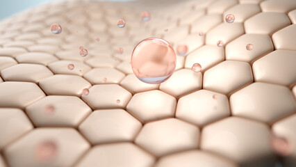 Water cleansing drop on skin cells, woman skincare and cosmetic product concept. 3D rendering.