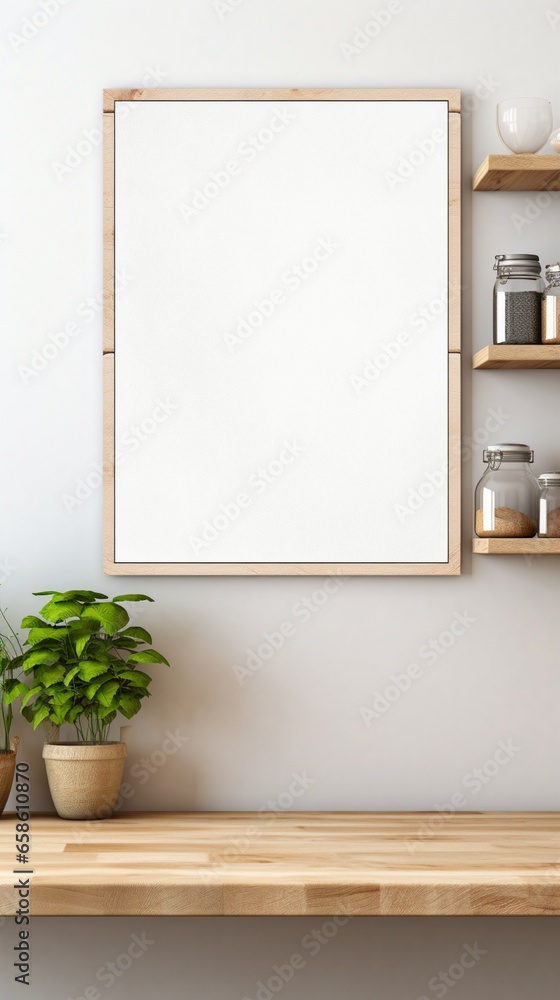 Poster an empty frame mockup in a modern kitchen, creating a unique focal point in the culinary space.