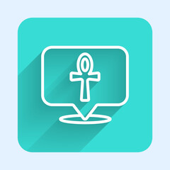 White line Cross ankh icon isolated with long shadow background. Egyptian word for life or symbol of immortality. Green square button. Vector