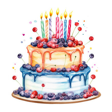 Colorful birthday cake with candles Illustration, Generative Ai