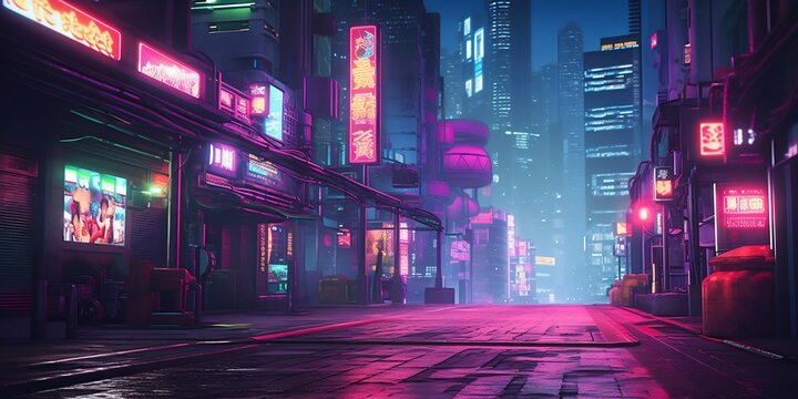 Neon-Lit Cyberpunk City Street: A Futuristic Landscape. Generative ai