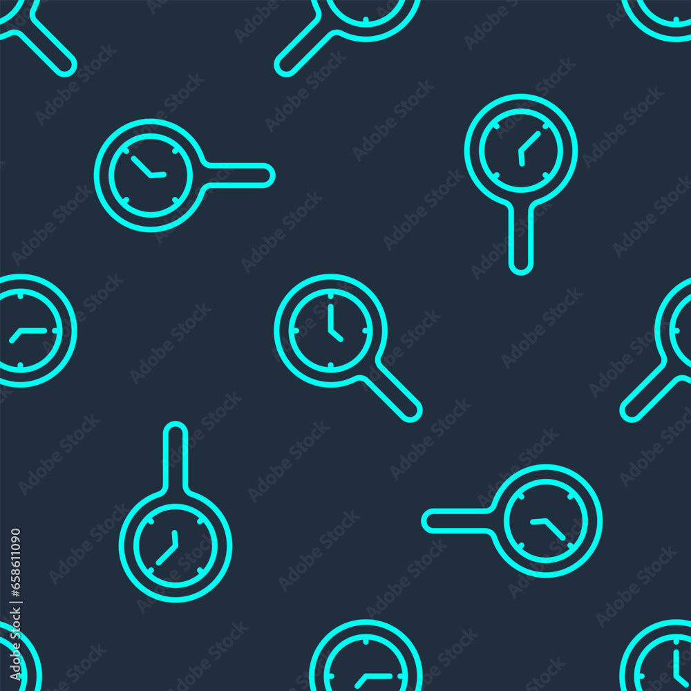 Aufkleber green line magnifying glass with clock icon isolated seamless pattern on blue background. clock sear