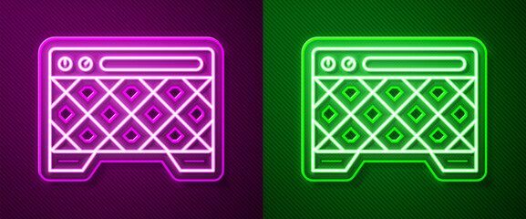 Glowing neon line Guitar amplifier icon isolated on purple and green background. Musical instrument. Vector