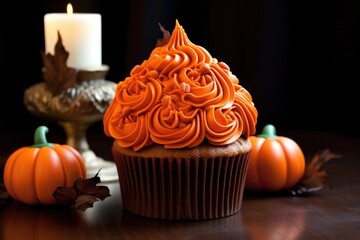 delicious Halloween cupcakes on a wooden table