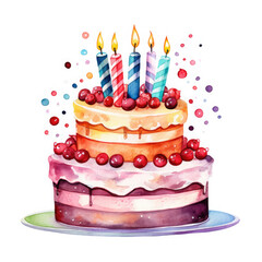 Colorful birthday cake with candles Illustration, Generative Ai