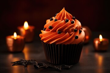 delicious Halloween cupcakes on a wooden table