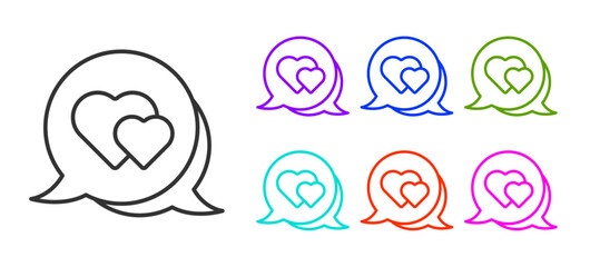 Black line Heart in speech bubble icon isolated on white background. Happy Valentines day. Set icons colorful. Vector