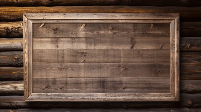 An empty frame on a rustic wooden wall in a cozy cabin interior.