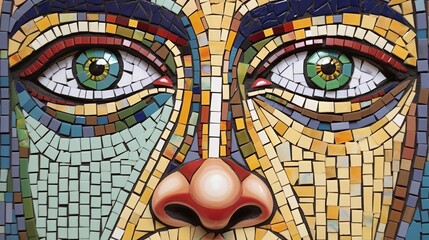 Mosaic of the Mind: Different colored tiles forming a contemplative face, symbolizing the composite of experiences - obrazy, fototapety, plakaty