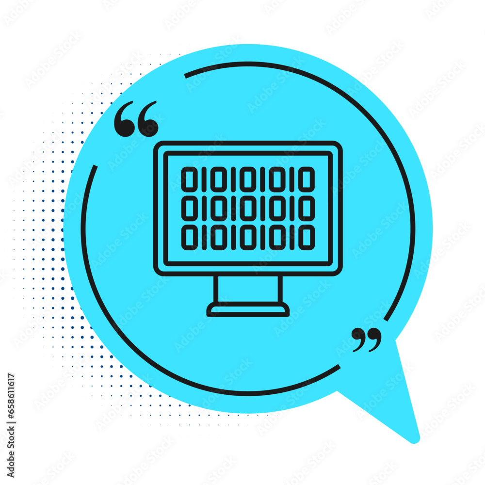 Poster black line binary code icon isolated on white background. blue speech bubble symbol. vector