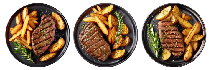Set of black plates with grilled beef steaks and potatoes top view, cut out - obrazy, fototapety, plakaty