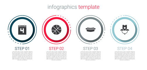 Set Calendar with date July 4, Basketball ball, Hotdog sandwich and Western cowboy hat. Business infographic template. Vector
