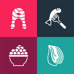 Set pop art Mussel, Caviar, Served fish on plate and Fish steak icon. Vector