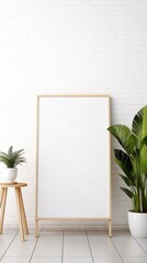 A blank canvas in an empty frame mockup, waiting for your creative touch, in a bright and airy studio space.