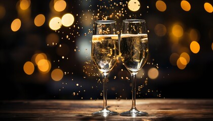 two glasses of champagne with a holiday theme - obrazy, fototapety, plakaty