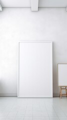 A blank canvas in an empty frame mockup, waiting for your creative touch, in a bright and airy studio space.