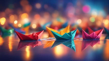Fototapeten Colorful origami paper boats sailing in water. © saurav005