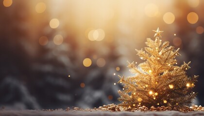 Fototapeta na wymiar Christmas tree with golden star and bokeh lights on background.