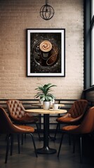 A chic and stylish wall frame mockup in a trendy coffee shop, adding character to the interior decor.
