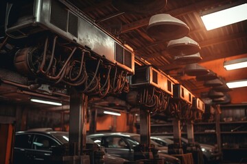 Process of maintaining car's air conditioning system in a vehicle service or repair shop. Generative AI - obrazy, fototapety, plakaty