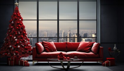 Christmas tree with presents in the dark living room with city view behind. 3d render