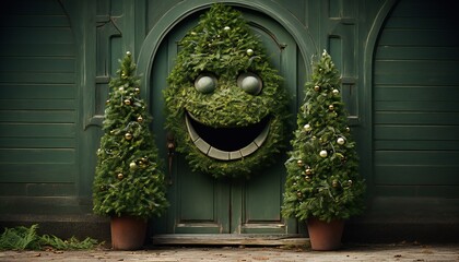 Merry christmas and happy new year concept. Decorated door with funny face