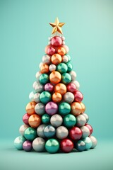 Obraz premium Christmas tree made of colorful balls on dark background. 3d illustration